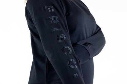 Frisco Women's activewear XL longsleeve crew top in black, closeup of right sleeve black embroidery says Frisco.